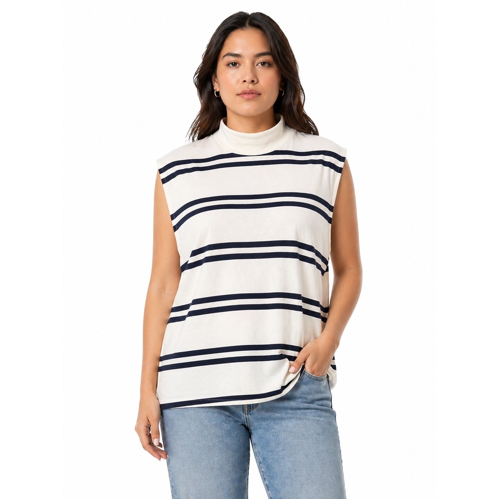 Talbots Sleeveless Mock Neck Striped Top Navy White Cotton XL Back Zip